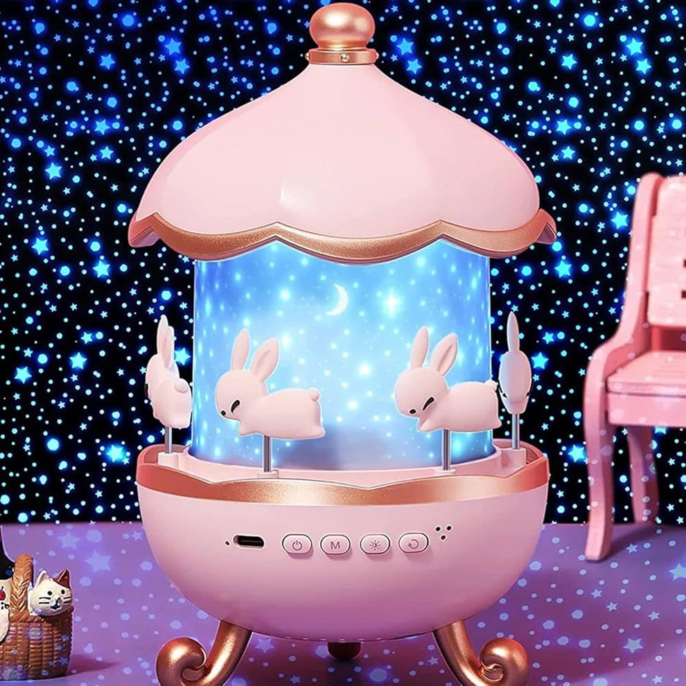 Bunny Carousel Night Lamp Projector with Bluetooth Speaker & 3-Color Ambient Light